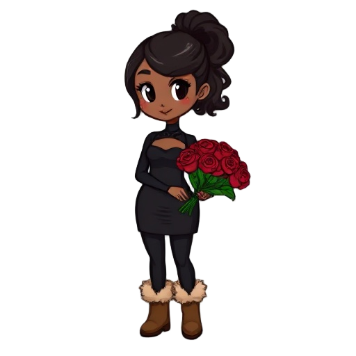 generate a small pixelated character with medium brown skin tone, a black curly ponytail with no bangs,, wearing a black bodycon dress and black leggings with light brown boots that have biege fur lining. and have her holding a bouquet of red roses