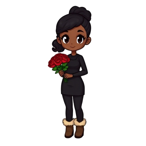 generate a small pixelated character with medium brown skin tone, a black curly ponytail, wearing a black bodycon dress and black leggings with light brown boots that have biege fur lining. and have her holding a bouquet of red roses