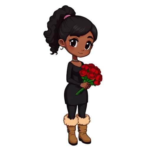 generate a small pixelated character with medium brown skin tone, a black curly ponytail with no bangs,, wearing a black bodycon dress and black leggings with light brown boots that have biege fur lining. and have her holding a bouquet of red roses