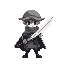 a grey and black figuare with a rice farmer hat on and a cape with a big white sword
