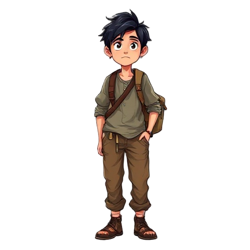 a young, introspective indian traveler with tousled dark hair, loose earth-toned clothes, and a small cloth bag slung across his shoulder, standing on a misty himalayan path in kasol. he has a slightl