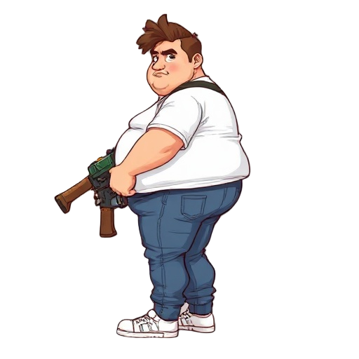 create a fat character in digital art, the hair its brown, tshirt its white, pants are blue jeans and the shows its white. the guy its carrying a customizable gun (its a trash can, with a some parts made by wooden and plastic) make it in side view