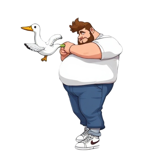 create a fat character in digital art, the hair its brown, tshirt its white, pants are blue jeans and the shows its white. the guy its using a duck as weapon. make it in side view
