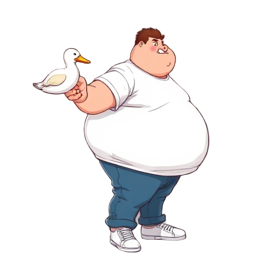create a fat character in digital art, the hair its brown, tshirt its white, pants are blue jeans and the shows its white. the guy its using a duck as weapon. make it in side view