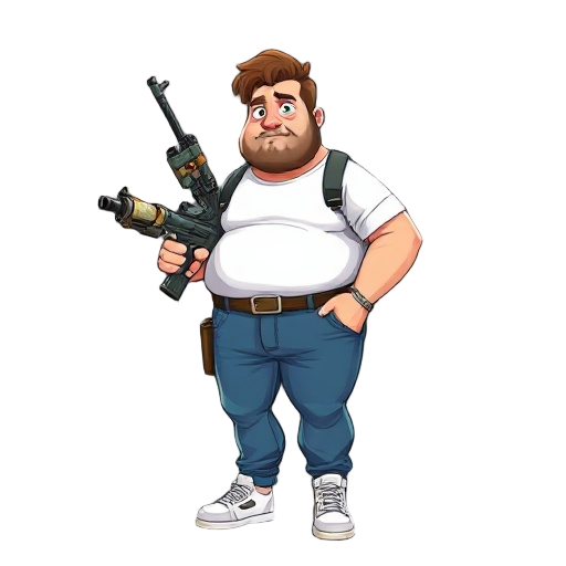 create a fat character in digital art, the hair its brown, tshirt its white, pants are blue jeans and the shows its white. the guy its carrying a customizable gun (its a trash can, with a some parts made by wooden and plastic)