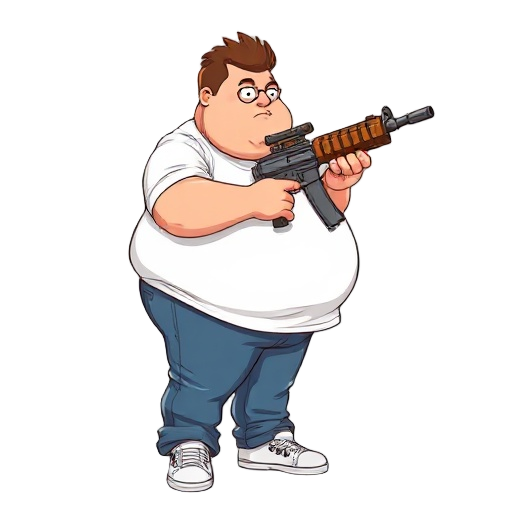 create a fat character in digital art, the hair its brown, tshirt its white, pants are blue jeans and the shows its white. the guy its carrying a customizable gun (its a trash can, with a some parts made by wooden and plastic) make it in side view