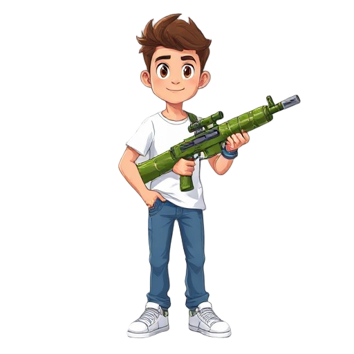 create a character in digital art, the hair its brown, tshirt its white, pants are blue jeans and the shows its white. the guy its carrying a customizable gun (its a bamboo, with a can in the beggining and a can in the end of the weapon)