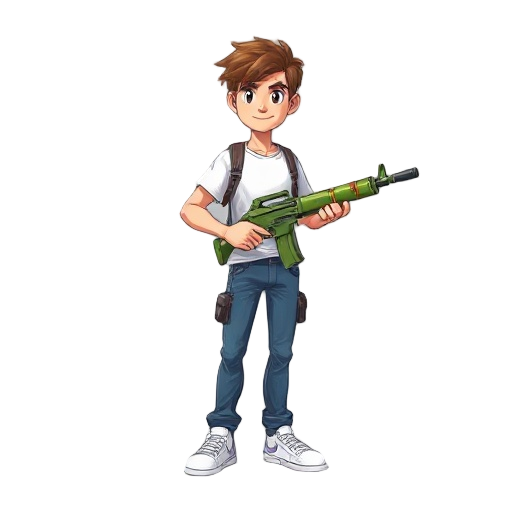 create a character in digital art, the hair its brown, tshirt its white, pants are blue jeans and the shows its white. the guy its carrying a customizable gun (its a bamboo, with a can in the beggining and a can in the end of the weapon)