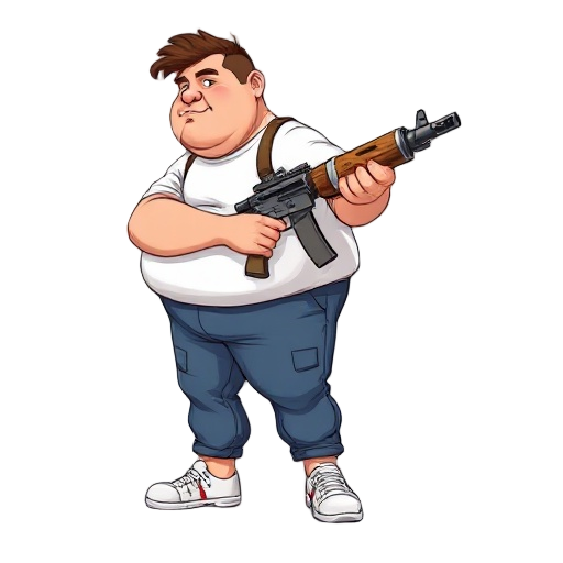 create a fat character in digital art, the hair its brown, tshirt its white, pants are blue jeans and the shows its white. the guy its carrying a customizable gun (its a trash can, with a some parts made by wooden and plastic) make it in side view