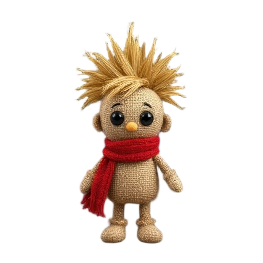 ragdoll, made of burlap, toy, hay mohawk, red scarf, button eyes