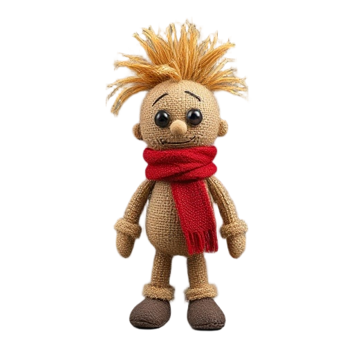 ragdoll, made of burlap, toy, hay mohawk, red scarf, button eyes, sidescroller