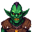 a goblin raider with jagged teeth, torn leather armor, and a chipped dagger.