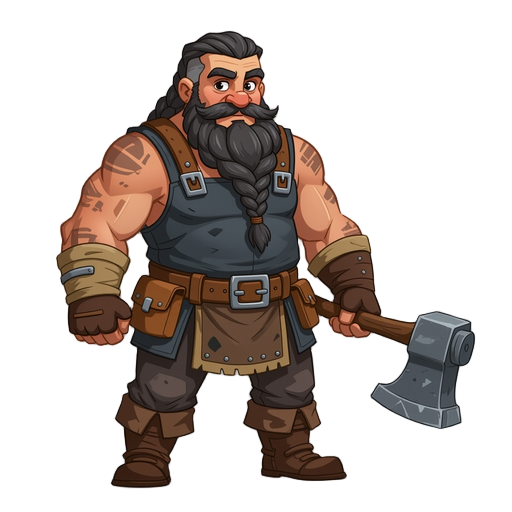 a burly blacksmith with soot-stained arms and a braided beard.