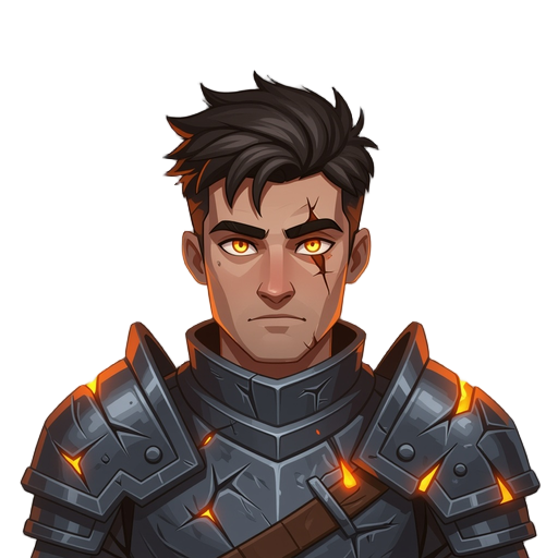 charred armor cracked with glowing embers, ash drifting from shoulders, dark and grim presence.