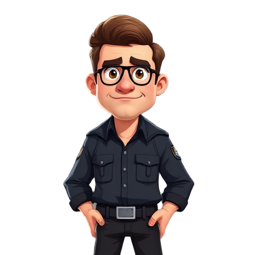 dad with brown slick back hair, in a cop shirt with a jacket and black pants