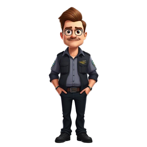 dad with brown slick back hair, in a cop shirt with a jacket and black pants