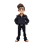 dad with brown slick back hair, in a cop shirt with a jacket and black pants