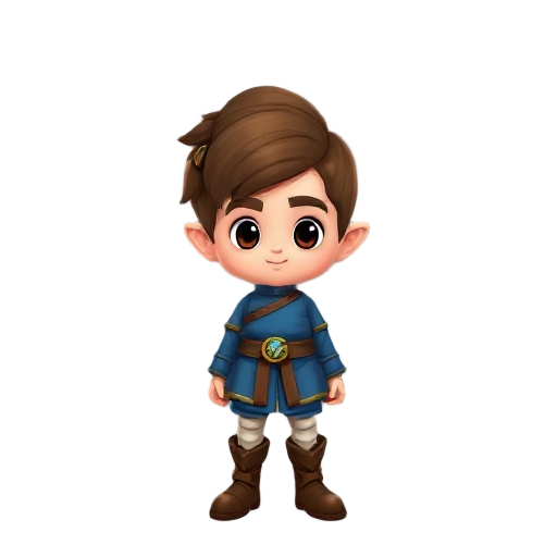 medieval fantasy hero wearing a blue tunic, brown boots, short brown hair