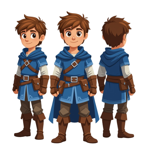 medieval fantasy hero wearing a blue tunic, brown boots, short brown hair