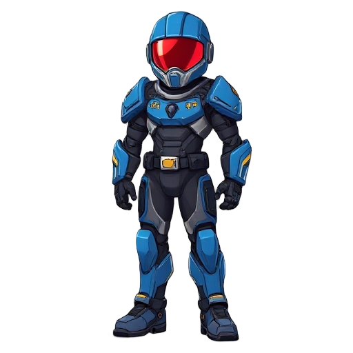 design realista com armadura futurista nas cores azul e cinza.  visor vermelho no capacete, com formato tecnológico.  a armadura deve cobrir todo o corpo, incluindo botas e luvas reforçadas.  incluir jetpacks nas costas.  no capacete, próximo à boca, deve