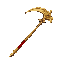 a golden scythe, with butterfly motifs. light velvet red handle