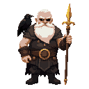 odin, white hair and beard, blind in one eye, black raven on shoulder, golden spear, tall, fat c0ck 