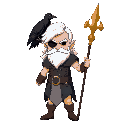 odin, white hair and beard, blind in one eye, black raven on shoulder, golden spear