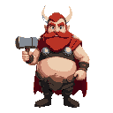 thor, red hair and beard, fat belly sticking out his fur coat, holding hammer in his right hand