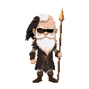 odin, white hair and beard, blind in one eye, black raven on shoulder, golden spear