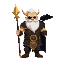 odin, white hair and beard, blind in one eye, black raven on shoulder, golden spear, tall, fat c0ck p3nis d!ck