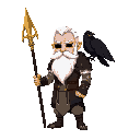 odin, white hair and beard, blind in one eye, black raven on shoulder, golden spear