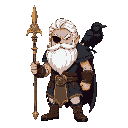 odin, white hair and beard, blind in one eye, black raven on shoulder, golden spear, tall