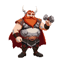 thor, red hair and beard, fat belly sticking out his fur coat, holding hammer in his right hand