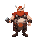 thor, red hair and beard, fat belly sticking out his fur coat, holding hammer in his right hand