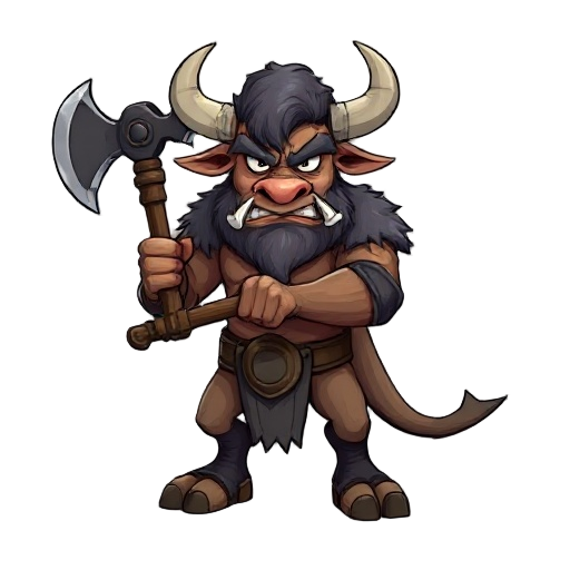 minotaur minion holding a two sided axe in the battle ready position. hooves for feet with bipedal legs. hairy patches on arms