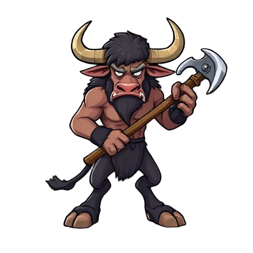minotaur with hooves for feed and bipedal legs and hairy batches. holding an axe
