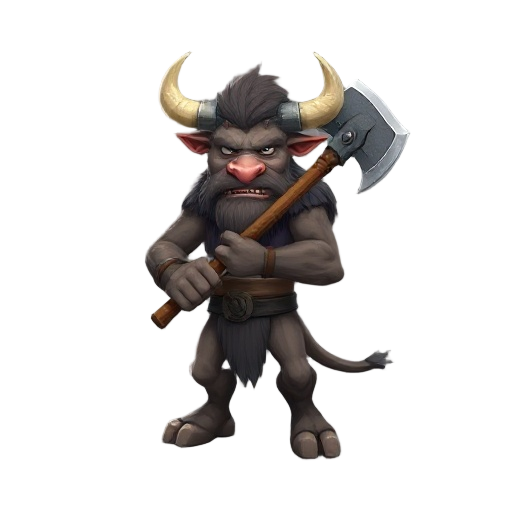 minotaur minion holding a two sided axe in the battle ready position. hooves for feet with bipedal legs. hairy patches on arms