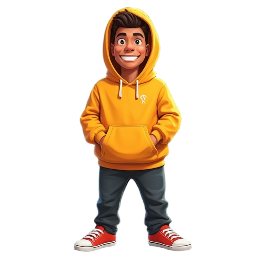  o homem na imagem apresenta um estilo visual marcante e contemporâneo. ele está em pé, com uma postura confiante, mantendo as mãos cruzadas à frente do corpo. sua peça principal é um moletom (hoodie) amarelo vibrante que se destaca contra o fundo preto,