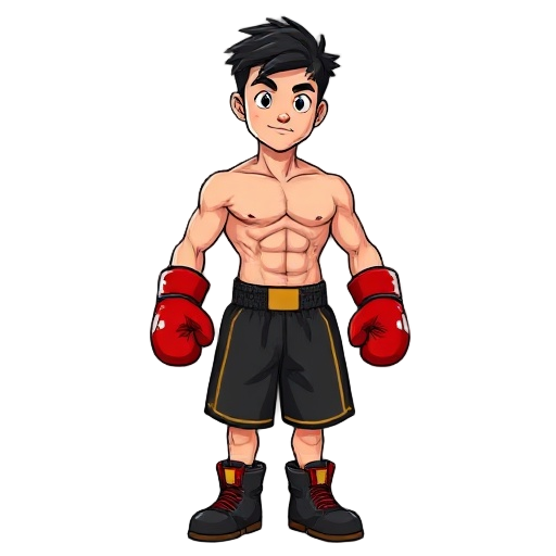 young man with an athletic, muscular build. he has short, messy dark hair and wears professional boxing attire: red boxing gloves, black athletic boxing shorts with a gold trim, and boxing boots. his 