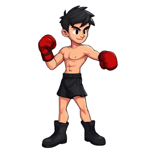 right view posing in a boxing stance young man with an athletic, muscular build. short, messy dark hair and wears: red boxing gloves, black boxing shorts, and boots.