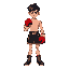 young man with an athletic, muscular build. he has short, messy dark hair and wears professional boxing attire: red boxing gloves, black athletic boxing shorts with a gold trim, and boxing boots. his 