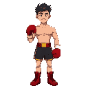 young man with an athletic, muscular build. he has short, messy dark hair and wears professional boxing attire: red boxing gloves, black athletic boxing shorts with a gold trim, and boxing boots. his 