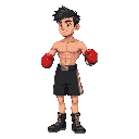 looking to the right young man with an athletic, muscular build. he has short, messy dark hair and wears professional boxing attire: red boxing gloves, black boxing shorts, and boxing boots.