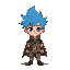 boy with spiky blue hair, blue eyes, simple clothes with a cape and a belt with a pouch