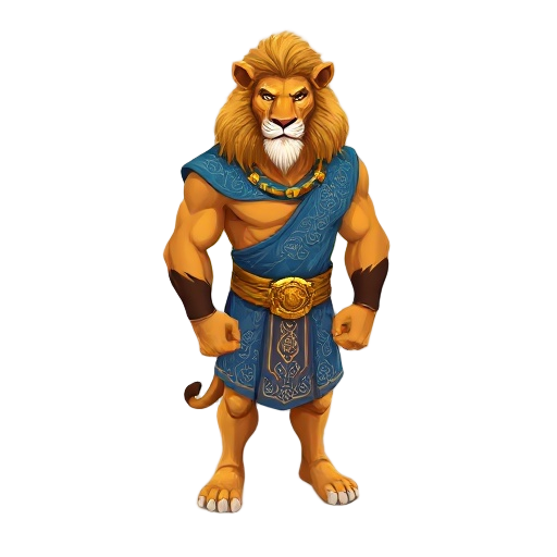 a muscular anthropomorphic lion standing in a desert at sunset. he wears a blue tunic with intricate patterns and a gold belt with a detailed buckle. his fur is golden brown and his mane is thick and 