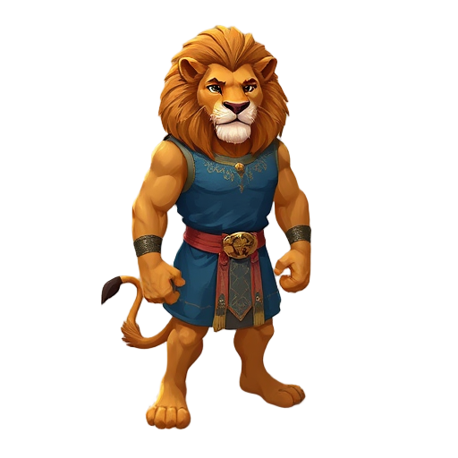 a muscular anthropomorphic lion standing in a desert at sunset. he wears a blue tunic with intricate patterns and a gold belt with a detailed buckle. his fur is golden brown and his mane is thick and 