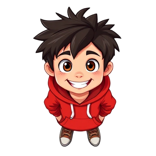 age: around 9–11 years old.   hair: dark brown, messy, and spiky, giving him a playful, energetic vibe.   eyes: big, wide, and expressive — full of curiosity and excitement.   facial expression: huge smile, showing eagerness and a bit of mischief.   outfi