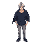 anime muscular male character, messy middle-part silver hair, athletic body, dark blue sweatshirt, oversized jacket is draped on shoulder showing the sweat and the shoulders., light gray pants, dark gray shoes.