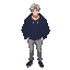 anime muscular male character, messy middle-part silver hair, athletic body, dark blue sweatshirt, oversized jacket is draped on shoulder showing the sweat and the shoulders., light gray pants, dark gray shoes.