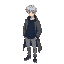anime male character, messy middle-part silver hair, athletic body, dark blue sweatshirt, oversized coat draped over shoulders, light gray pants, dark gray shoes.